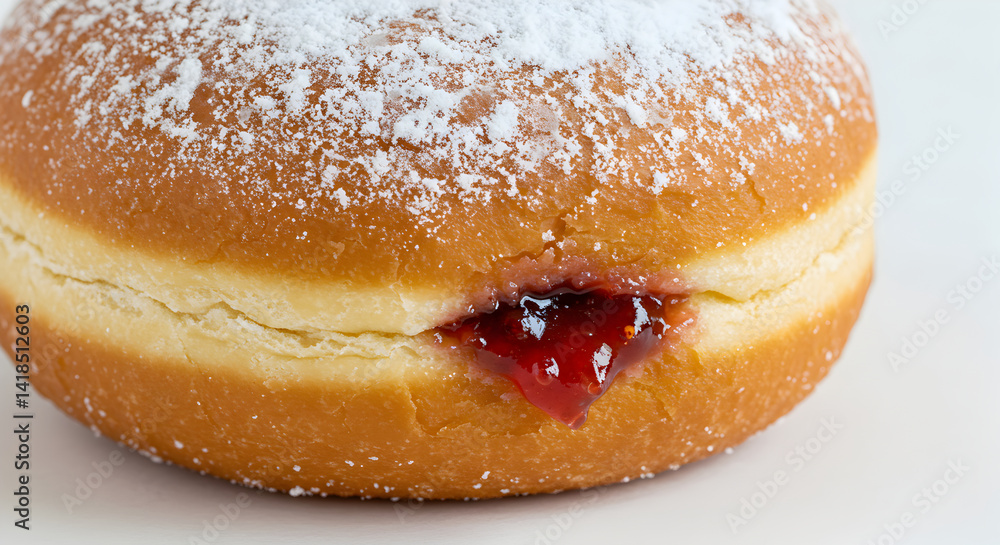 Powdered Sugar Donut With Raspberry Filling On A White Background Powdered Sugar Donut With Raspberry Filling On A White Background