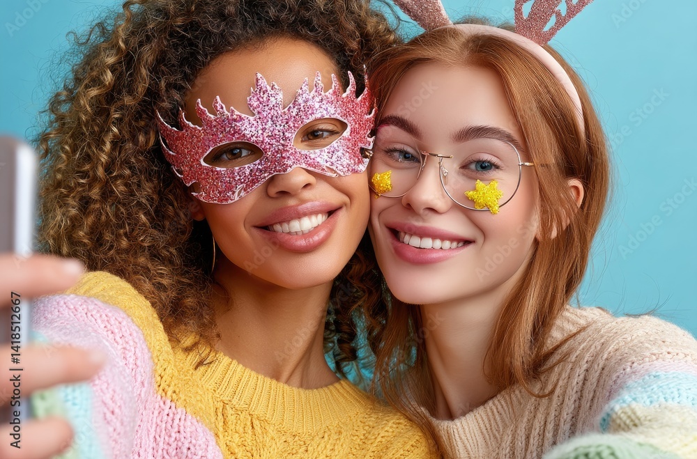 Two young women with long curly hair, wearing festive carnival masks and smiling while taking selfies against the background of an isolated yellow color backdrop