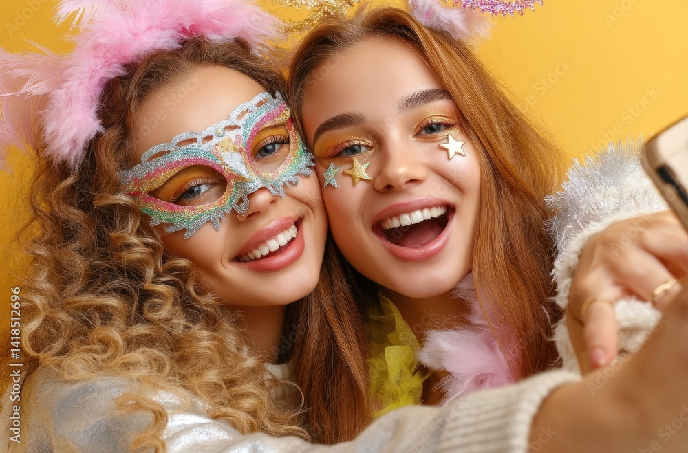 Two young women with long curly hair, wearing festive carnival masks and smiling while taking selfies against the background of an isolated yellow color backdrop