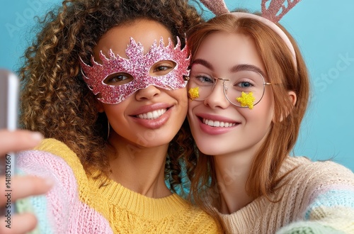 Obraz na płótnie Two young women with long curly hair, wearing festive carnival masks and smiling while taking selfies against the background of an isolated yellow color backdrop w salonie
