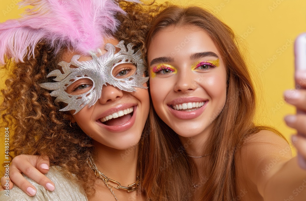 Two young women with long curly hair, wearing festive carnival masks and smiling while taking selfies against the background of an isolated yellow color backdrop