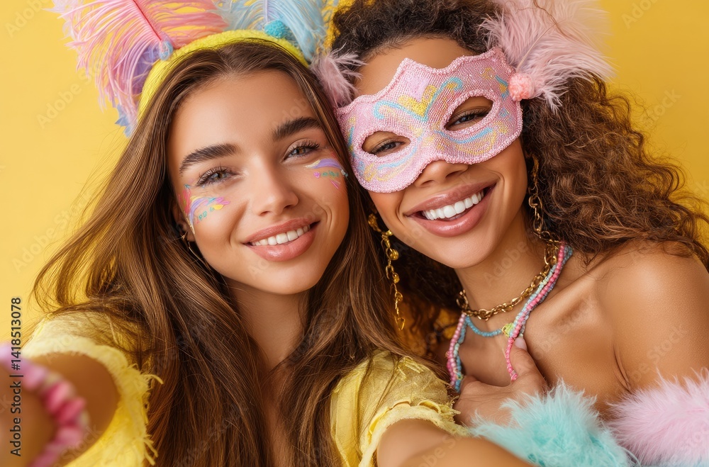 two women taking selfie with carnival masks, one of them is wearing pink glittery mask and the other has yellow star-shaped decoration on her face, both smiling against solid background