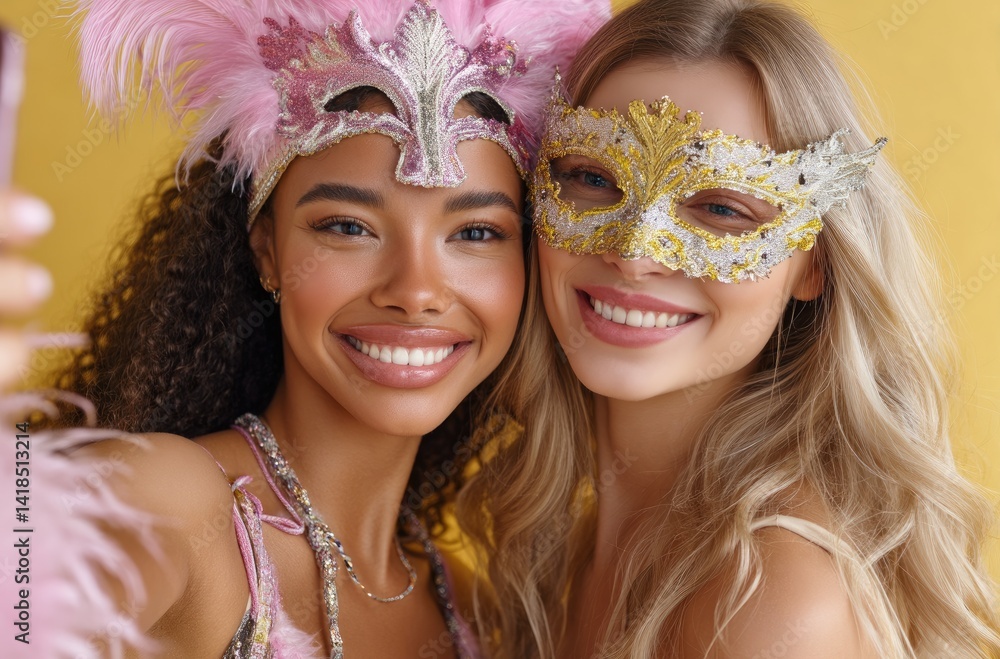 two women taking selfie with carnival masks, one of them is wearing pink glittery mask and the other has yellow star-shaped decoration on her face, both smiling against solid background