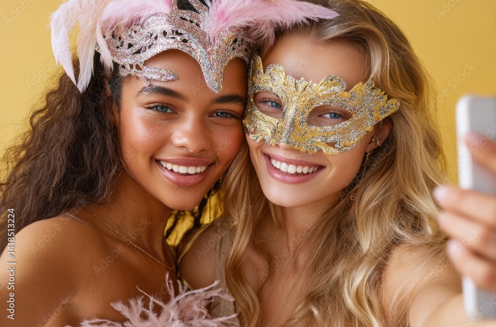two women taking selfie with carnival masks, one of them is wearing pink glittery mask and the other has yellow star-shaped decoration on her face, both smiling against solid background
