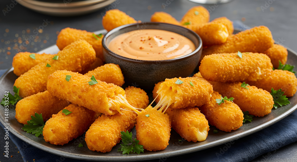 Delicious Fried Mozzarella Sticks Served With Dipping Sauce On A Plate Delicious Fried Mozzarella Sticks Served With Dipping Sauce On A Plate