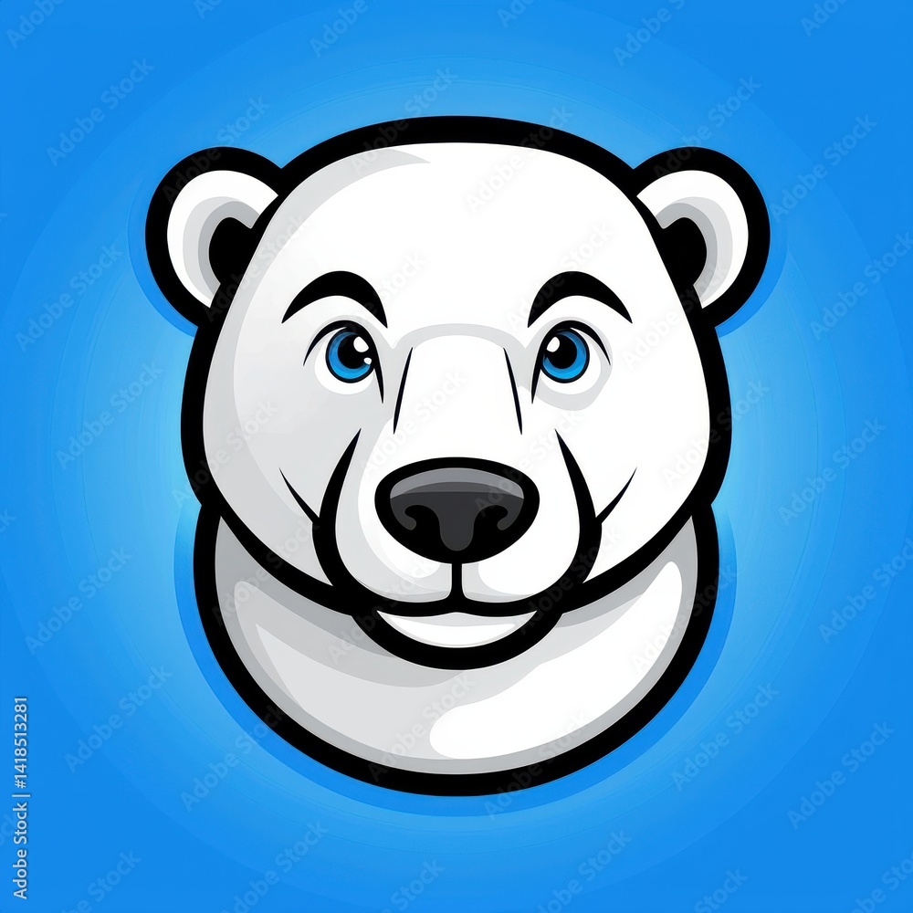 Cartoon illustration of a polar bear's face with blue eyes and a gradient blue background Cartoon illustration of a polar bear's face with blue eyes and a gradient blue background