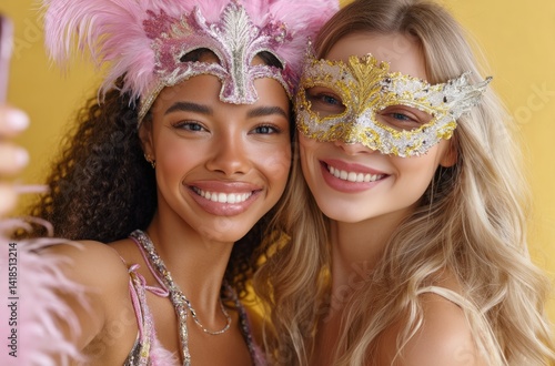 two women taking selfie with carnival masks, one of them is wearing pink glittery mask and the other has yellow star-shaped decoration on her face, both smiling against solid background