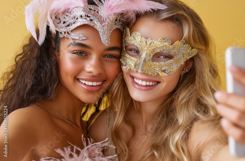 Obraz na płótnie two women taking selfie with carnival masks, one of them is wearing pink glittery mask and the other has yellow star-shaped decoration on her face, both smiling against solid background w salonie