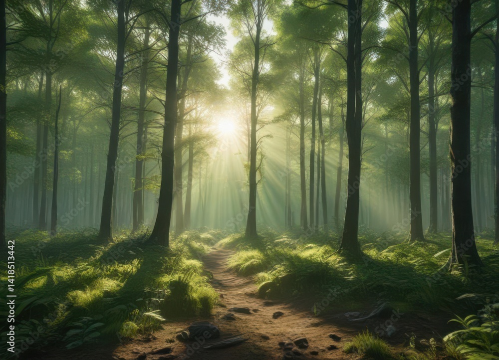 Naklejka premium Sun rays pierce vibrant green forest, creating a dramatic panoramic vista , image, leaves