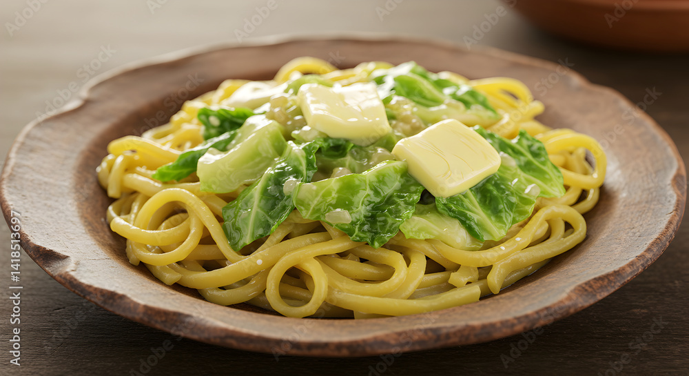 Savoy Cabbage And Butter Pasta In A Rustic Wooden Plate Close Up Savoy Cabbage And Butter Pasta In A Rustic Wooden Plate Close Up