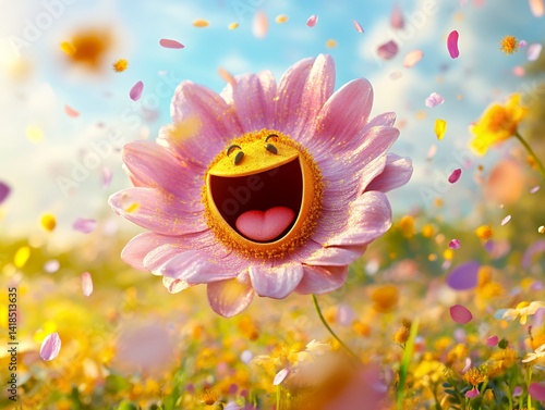 Vibrant cartoon sunflower with a big smile surrounded by colorful flowers and a bright clear sky
