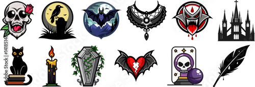 A set of twelve gothic and Halloween-themed cartoon icons featuring spooky elements like bats, skulls, pumpkins, black cats, and haunted houses. Ideal for stickers, party invites, and decor.