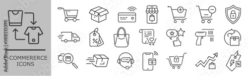 E-commerce icons depicting the online buying and selling process, covering shopping, payment, shipping, and related elements.