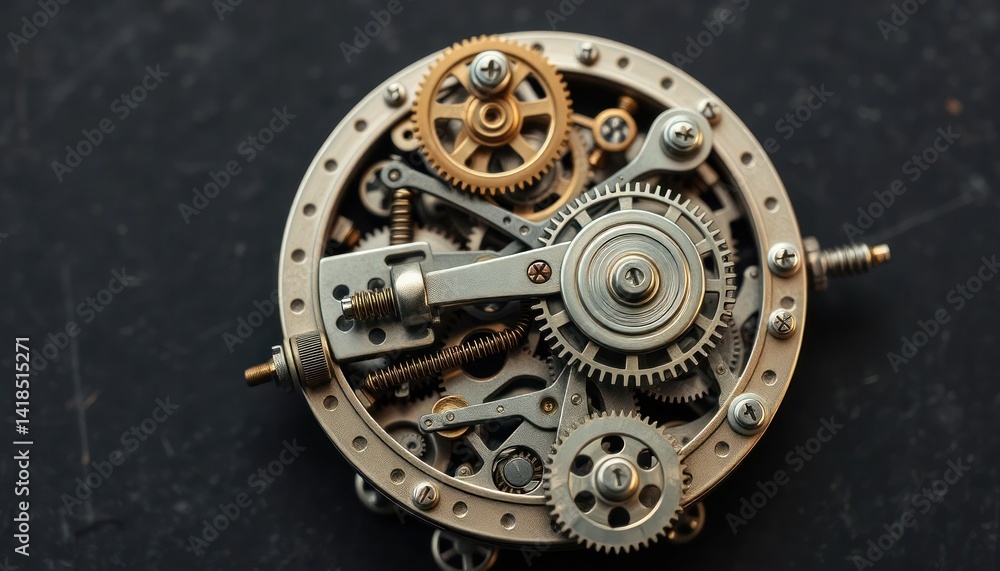 Fototapeta premium Close Up View Of Intricate Gears And Clockwork Mechanism On Dark Background
