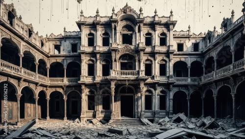 Ruined grand palace, debris-filled courtyard
