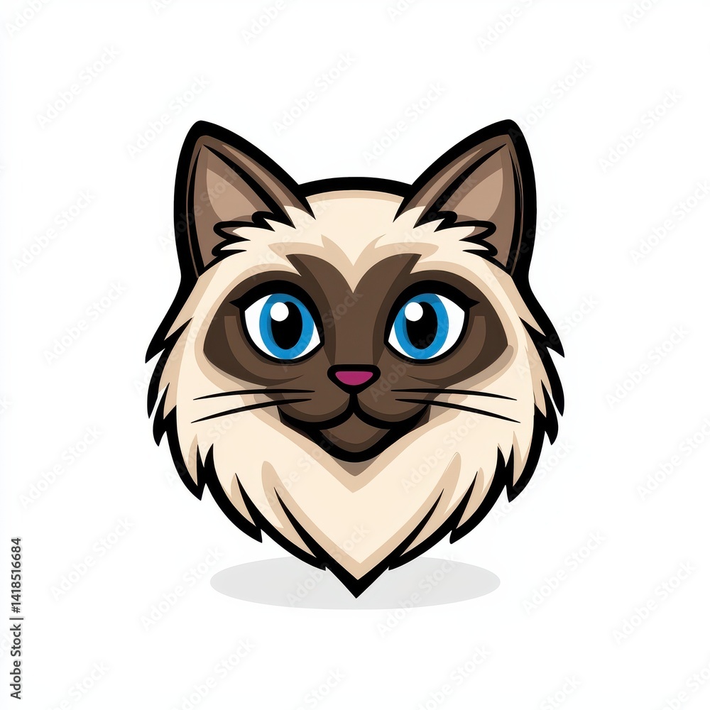 Obraz premium Cartoon illustration of a cat with light beige fur, blue eyes, and brown markings