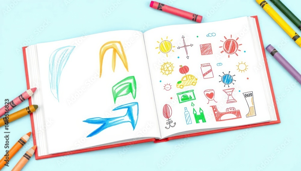 Colorful Child's Drawings In Open Notebook With Crayons On Blue Background Colorful Child's Drawings In Open Notebook With Crayons On Blue Background