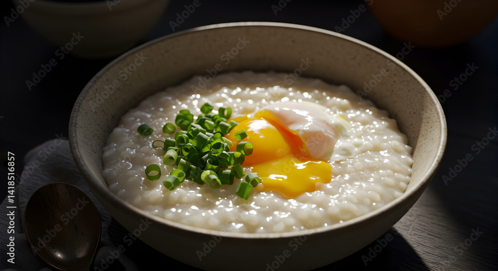 Creamy Rice Congee Topped with Poached Egg and Green Onions for Breakfast Creamy Rice Congee Topped with Poached Egg and Green Onions for Breakfast