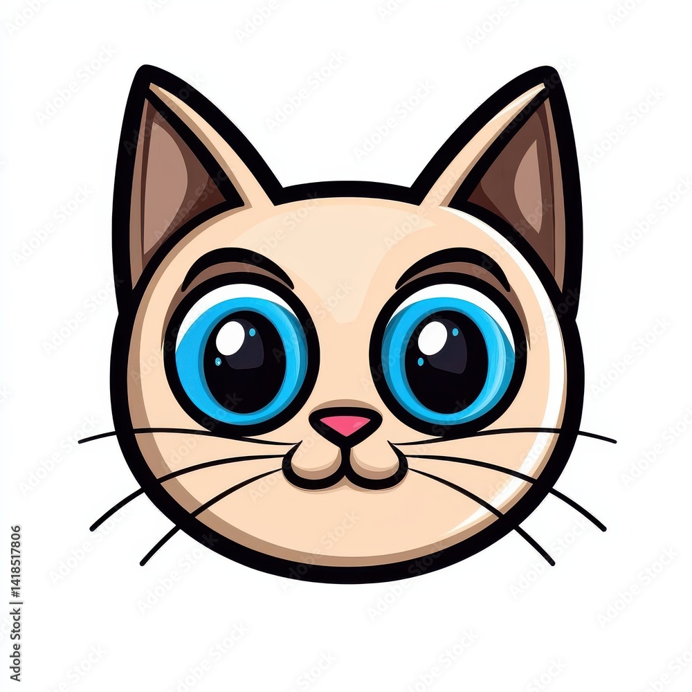 Fototapeta premium Cartoon illustration of a cat's face with large blue eyes and light beige fur