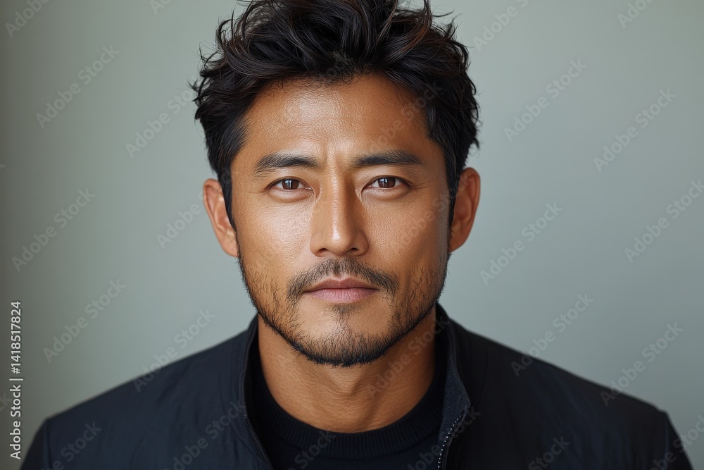 Close-up portrait of a man with dark hair and beard, neutral expression Close-up portrait of a man with dark hair and beard, neutral expression