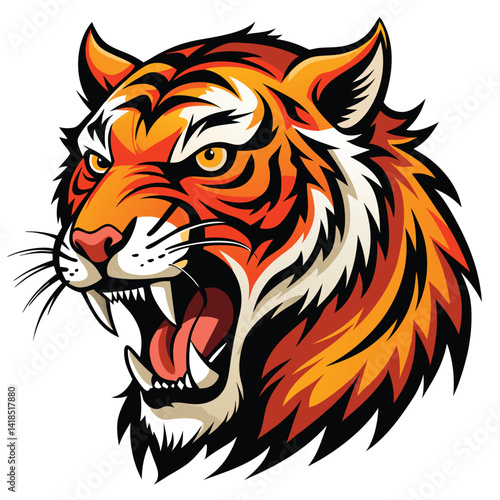 A majestic tiger with vibrant orange and black stripes roars fiercely, displaying its sharp teeth  on White background