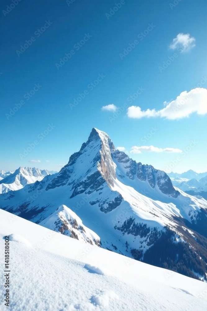 Fototapeta premium Sharp, pristine snow-covered mountain summit against a brilliant blue sky, wispy clouds , peaceful, ice, adventure