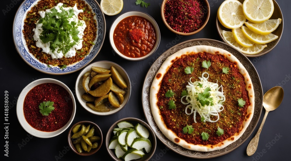 A delicious Turkish lahmacun surrounded by fresh lemon, parsley, cucumber, and assorted spices evokes vibrant Mediterranean flavors and culinary richness A delicious Turkish lahmacun surrounded by fresh lemon, parsley, cucumber, and assorted spices evokes vibrant Mediterranean flavors and culinary richness