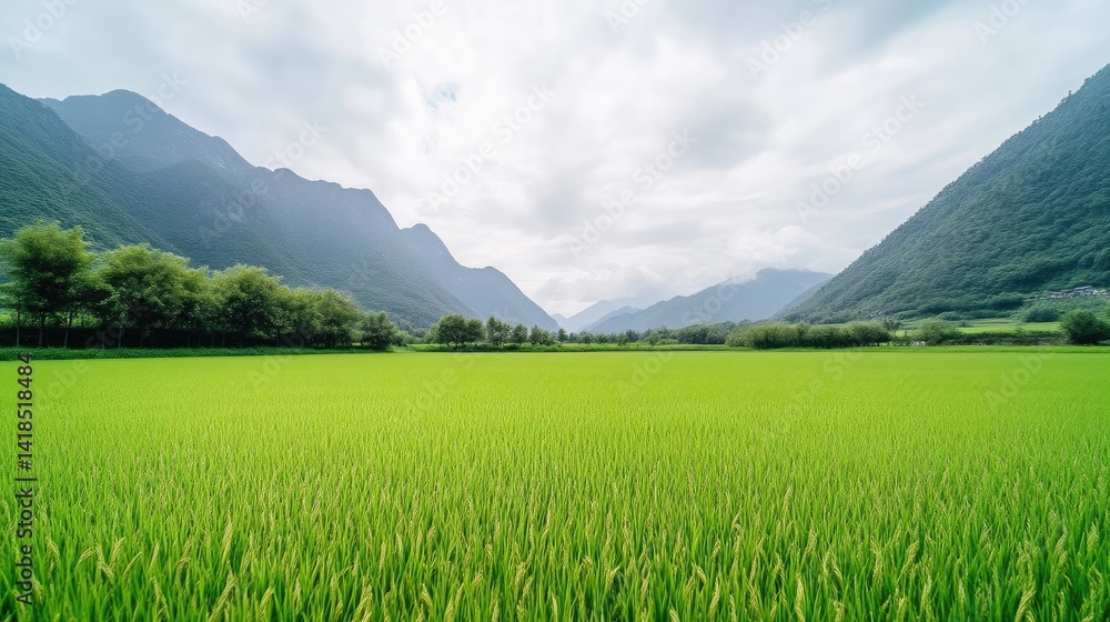 Fototapeta premium Lush green rice paddy, mountains in the distance