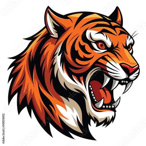 A majestic tiger with vibrant orange and black stripes roars fiercely, displaying its sharp teeth  on White background