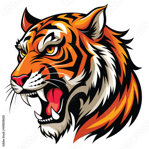 A majestic tiger with vibrant orange and black stripes roars fiercely, displaying its sharp teeth  on White background