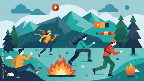 A survival simulation game where users have to complete HIIT exercises to fend off virtual enemies and navigate through dangerous terrain.. Vector illustration