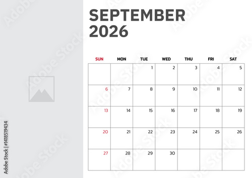 September 2026 Calendar. Week start on Sunday. Desk calendar 2026 design, simple and clean design, Wall calendar for print, digital calendar, Corporate design planner template vector.