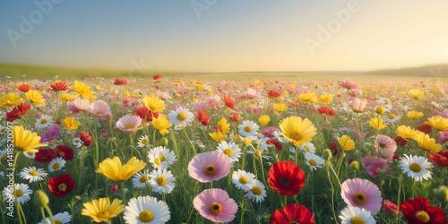 A vibrant summer landscape unfolds with a field of red tulips and poppies blossoming under a blue sky in the countryside