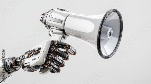 hand Robot holding megaphone isolated on white background, suitable for sales, target, announcement, news, ai robot