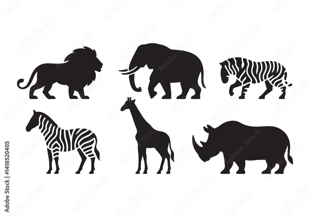 Naklejka premium Wild Animal Silhouettes: Lion, Elephant, Zebra, Giraffe, Rhino Vector