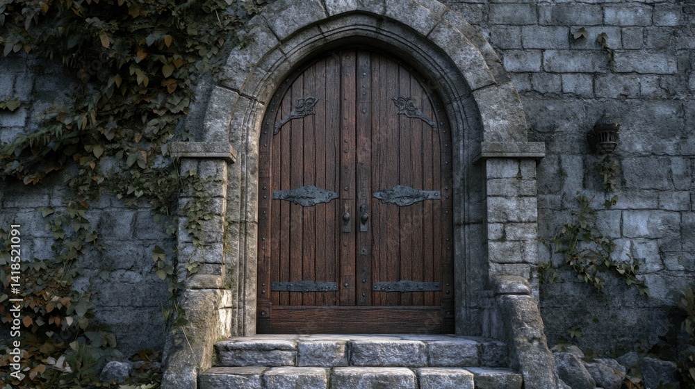 Rustic wooden door with stone archway in an overgrown setting Rustic wooden door with stone archway in an overgrown setting