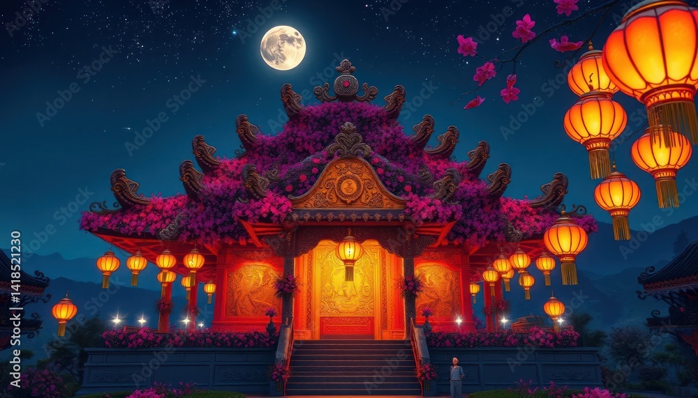 Illuminated Temple With Purple Flowers And Lanterns Illuminated Temple With Purple Flowers And Lanterns