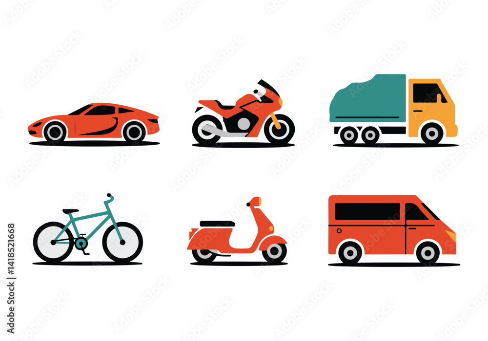 Naklejka premium Transportation Vehicles Vector: Car, Motorcycle, Bicycle, Truck, and Van