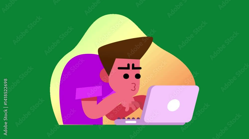 Animated man intensely working on his laptop. Seamless loop with green screen background for easy compositing.