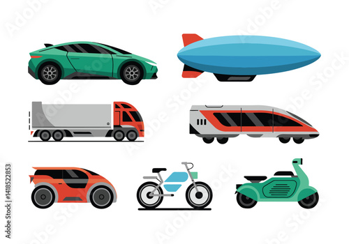Futuristic Transportation Vehicles Vector: Electric Car, Airship, Train, and Scooter