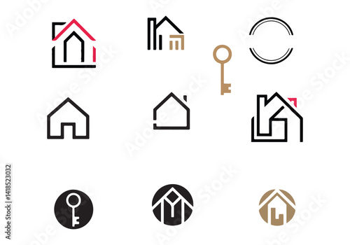 Real Estate and Home Icons Vector: House, Key, and Property Symbols