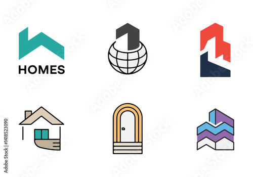 Real Estate and Home Icons Vector: House, Globe, Door, and Modern Architecture