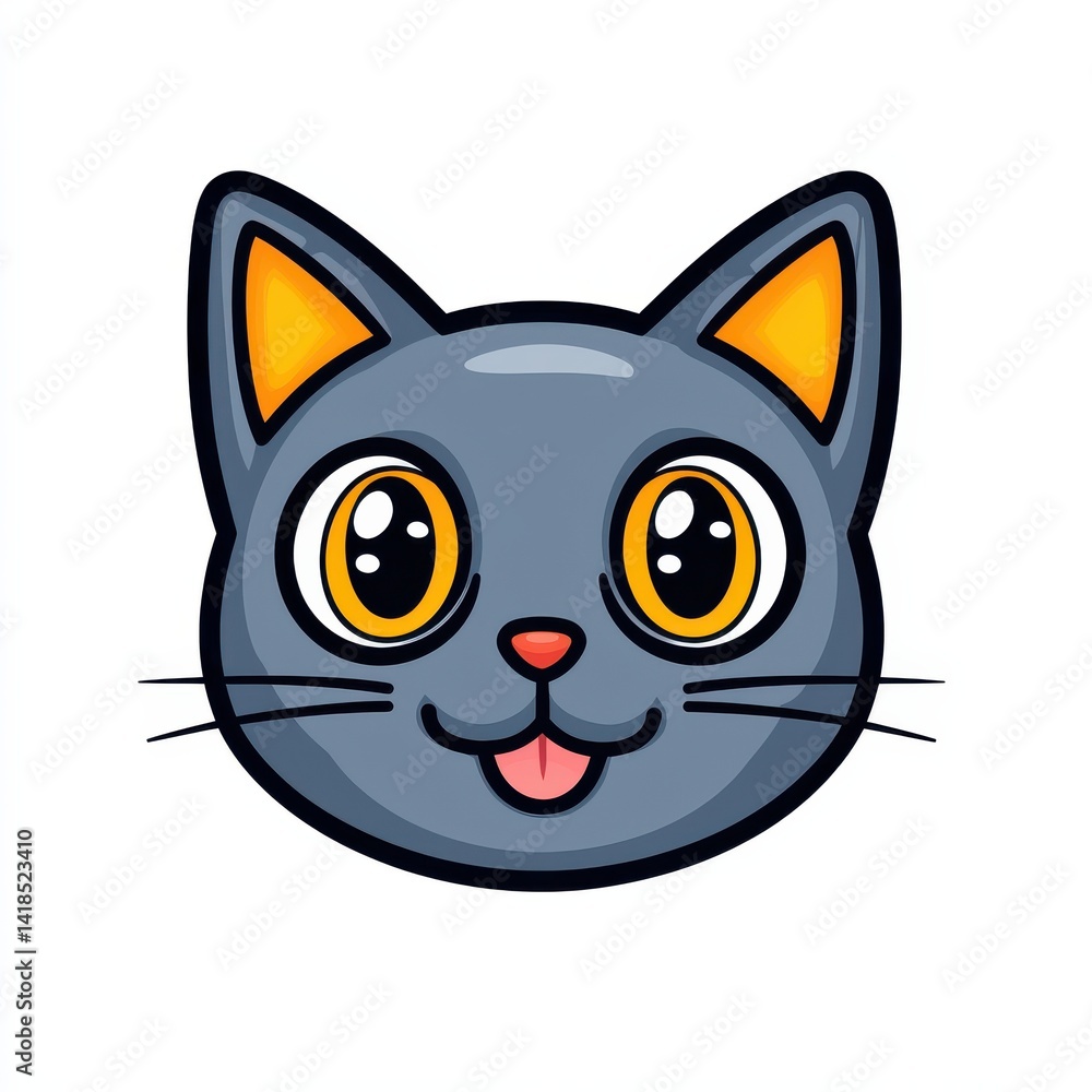 Cartoon illustration of a smiling gray cat with yellow eyes and orange ears Cartoon illustration of a smiling gray cat with yellow eyes and orange ears