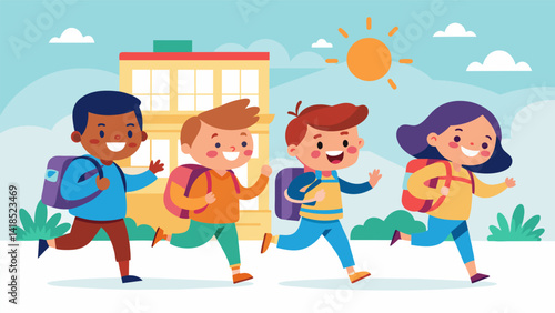 A group of children each proudly carrying a shiny new backpack giggle and run towards the school building eager to see what the new year holds.. Vector illustration