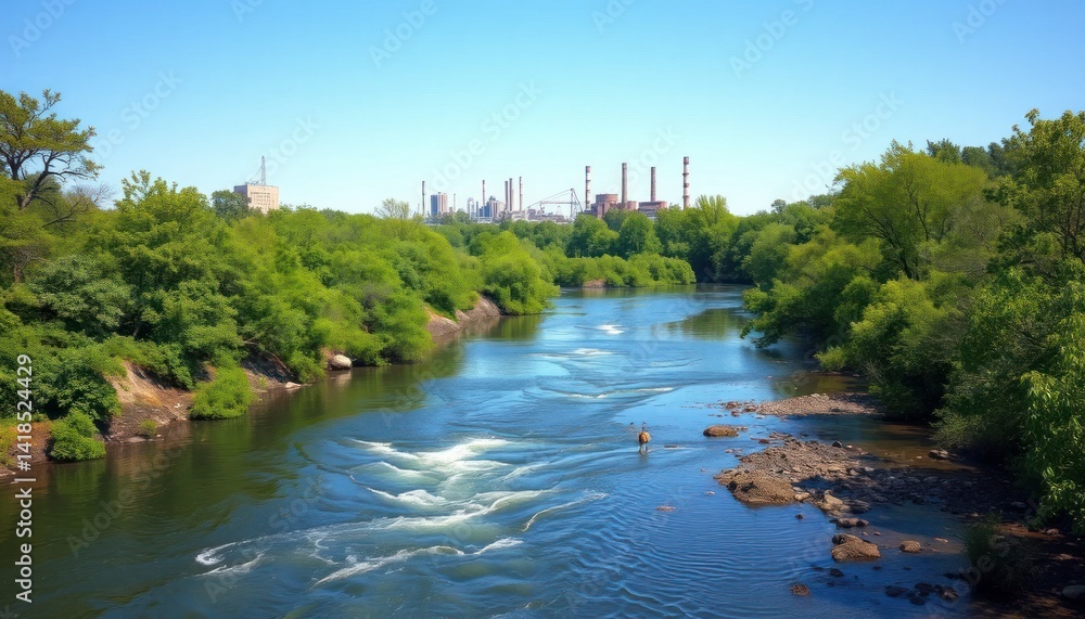 Fototapeta premium River Flowing Through Lush Vegetation Towards Cityscape Under Bright Sunshine