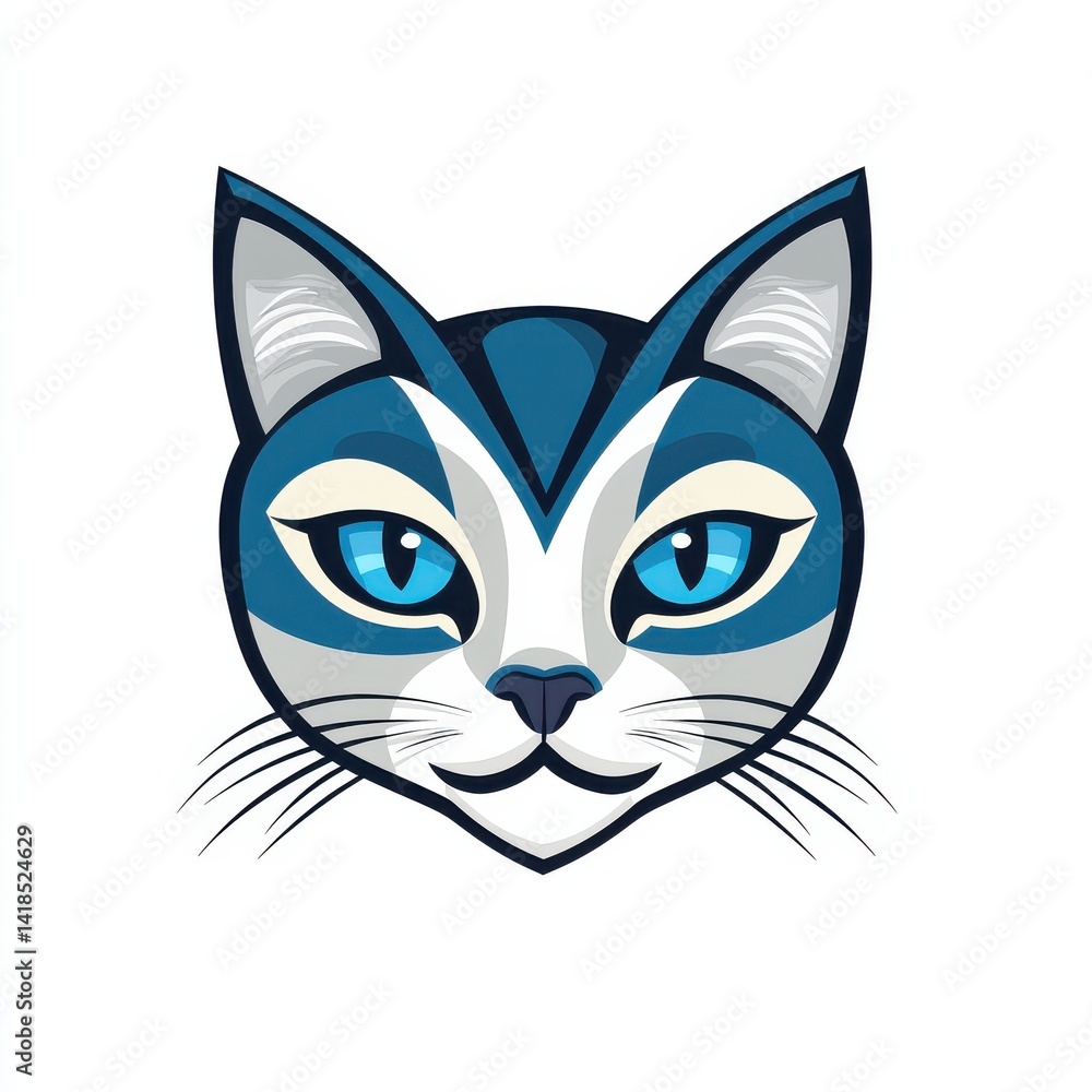 Stylized illustration of a cat's face with vivid blue eyes and a calm expression Stylized illustration of a cat's face with vivid blue eyes and a calm expression