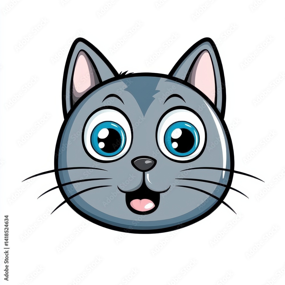 Cartoon illustration of a smiling gray cat with blue eyes and black whiskers Cartoon illustration of a smiling gray cat with blue eyes and black whiskers