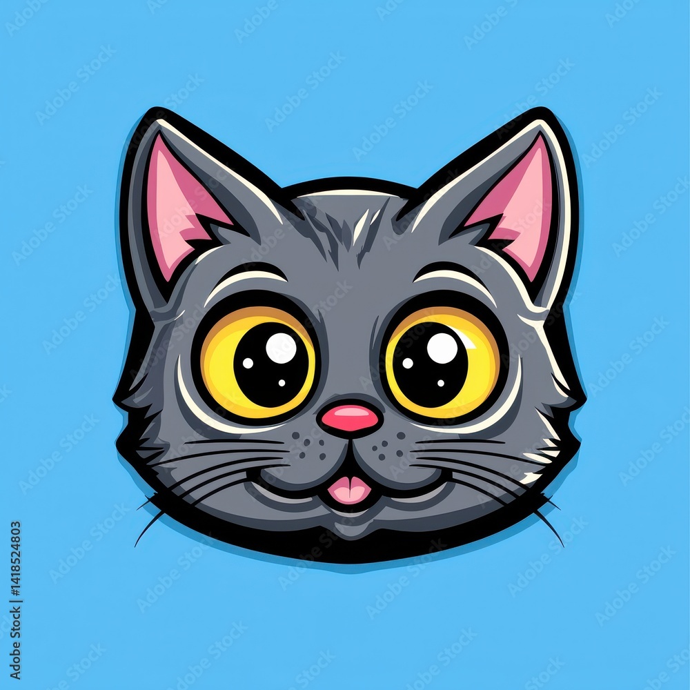 Fototapeta premium Cartoon illustration of a gray cat with large yellow eyes and pink ears