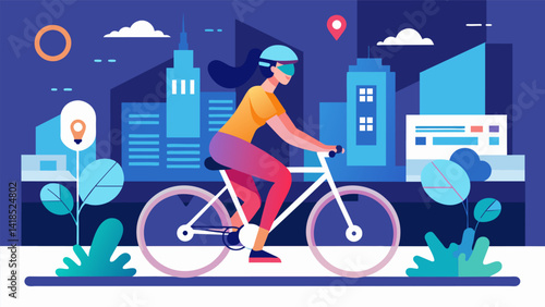 A woman cycling through a virtual city her avatar pedaling through streets and parks as she follows a guided cycling workout led by a digital. Vector illustration