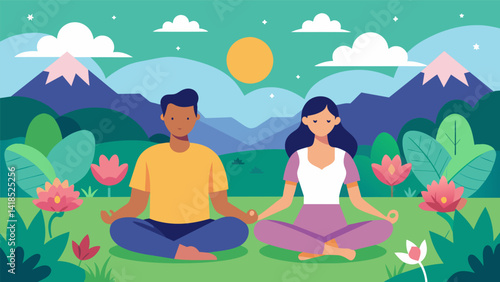 A couple meditates in a serene meadow taking in the peaceful sounds of nature all around them.. Vector illustration